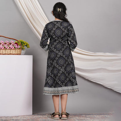 Yash Gallery Kids Cotton Bandhej Print Anarkali Dress (Black)