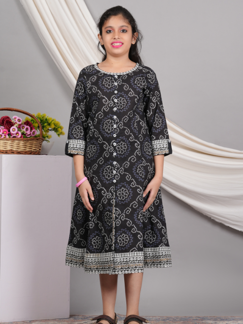 yash gallery kids cotton bandhej print anarkali dress black