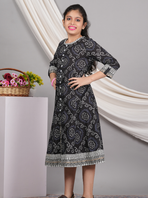yash gallery kids cotton bandhej print anarkali dress black