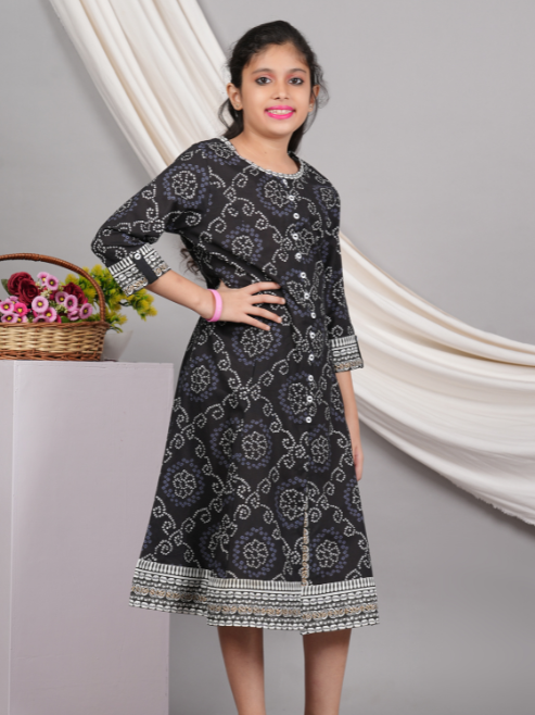 yash gallery kids cotton bandhej print anarkali dress black