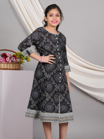 yash gallery kids cotton bandhej print anarkali dress black