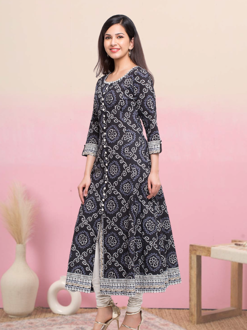 Yash Gallery Womens Cotton Bandhej Print Anarkali Kurta Plus Size