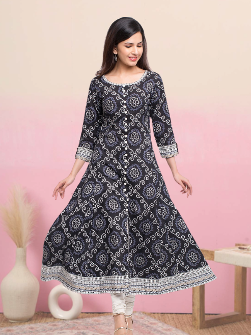 Yash Gallery Womens Cotton Bandhej Print Anarkali Kurta Plus Size
