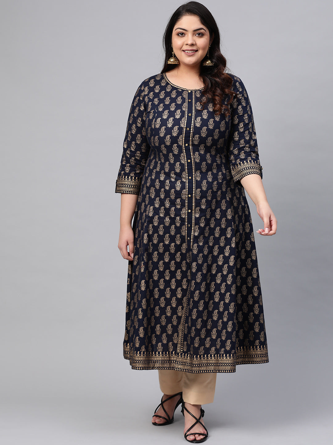 Yash Gallery Women's Cotton Gold Print Anarkali Kurti Plus Size