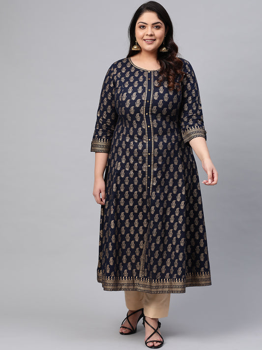 Yash Gallery Women's Cotton Gold Print Anarkali Kurti Plus Size