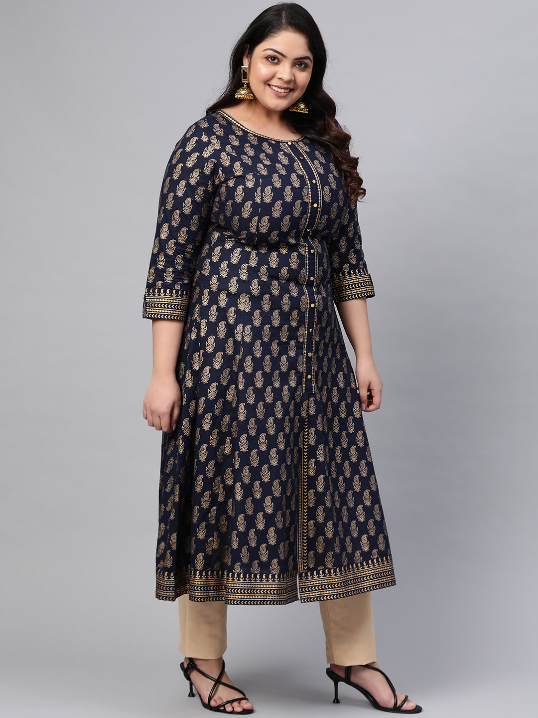 Yash Gallery Women's Cotton Gold Print Anarkali Kurti Plus Size