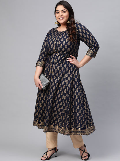 Yash Gallery Women's Cotton Gold Print Anarkali Kurti Plus Size
