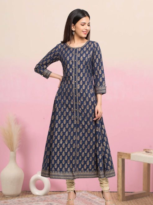 Cotton Gold Print Anarkali Kurta