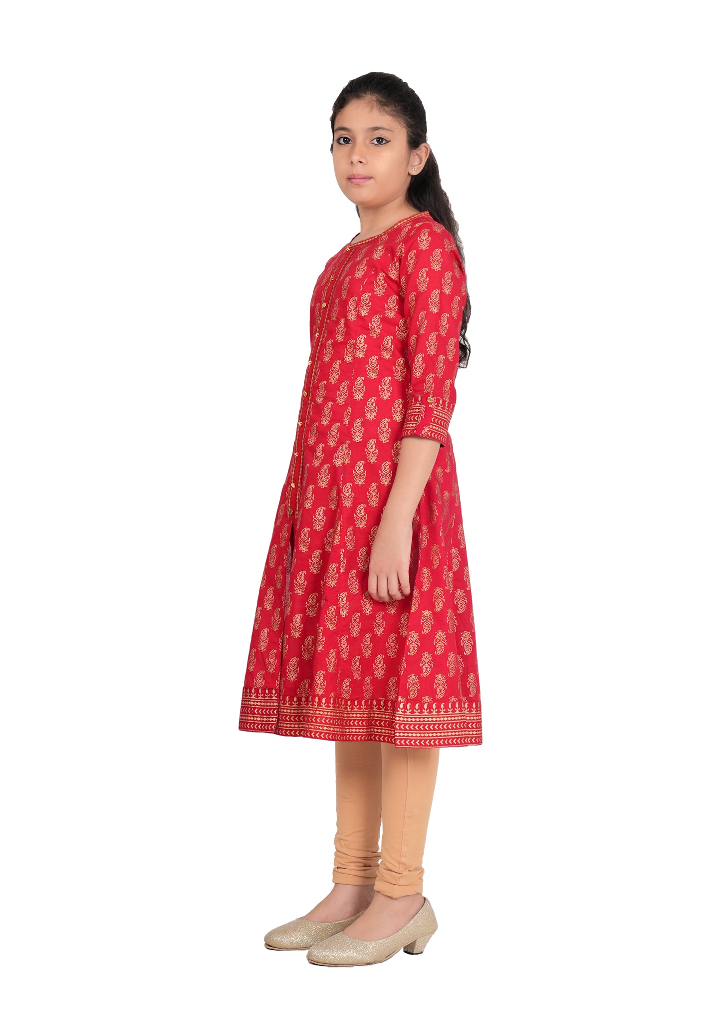 Yash Gallery Kids Cotton Gold Print Anarkali Dress (RED)