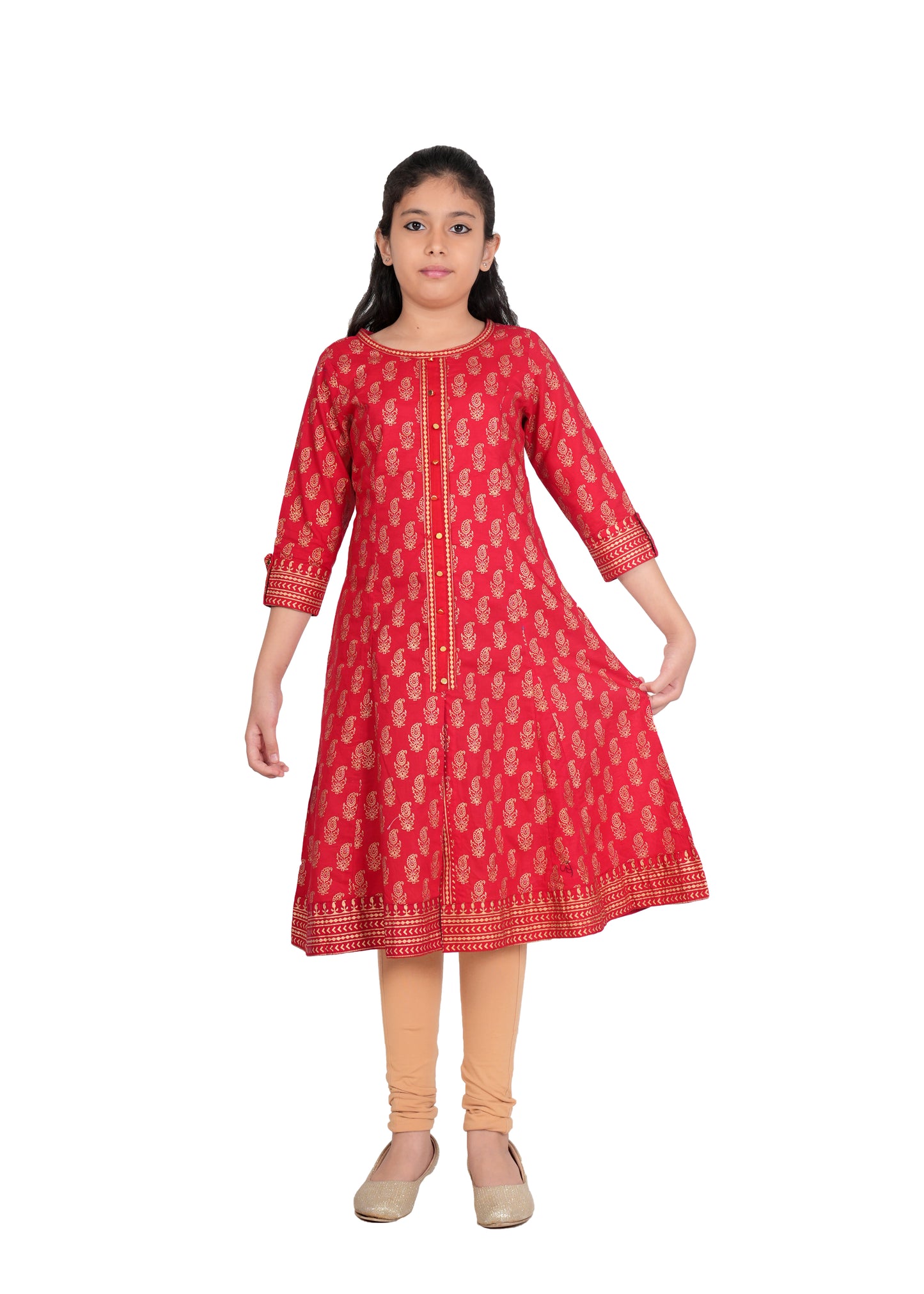 Yash Gallery Kids Cotton Gold Print Anarkali Dress (RED)