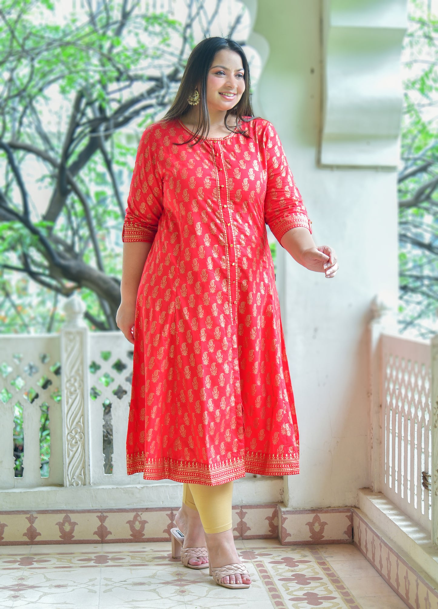 Yash Gallery Women's Cotton Gold Print Anarkali Kurti Plus Size