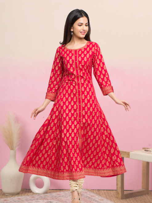 Cotton Gold Print Anarkali Kurta