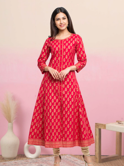 Cotton Gold Print Anarkali Kurta