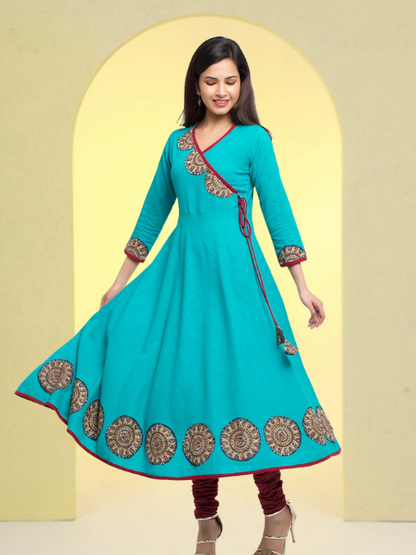 Yash Gallery Women's Cotton Slub Patch Work Angrakha Kurta