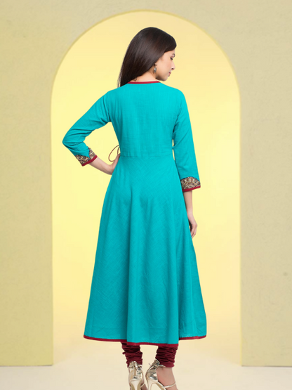 Yash Gallery Women's Cotton Slub Patch Work Angrakha Kurta