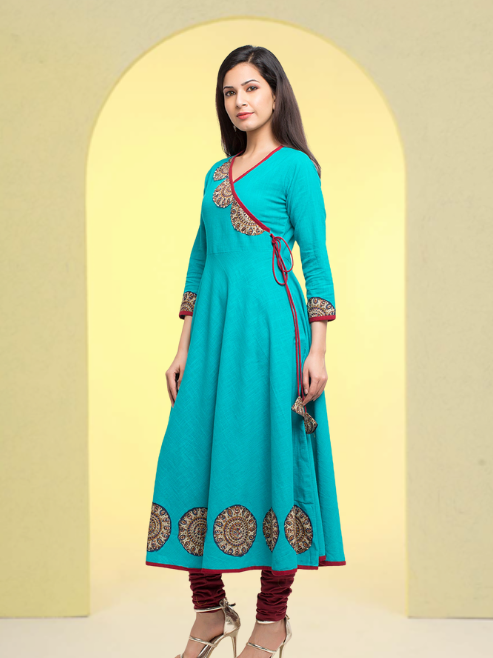 Yash Gallery Women's Cotton Slub Patch Work Angrakha Kurta
