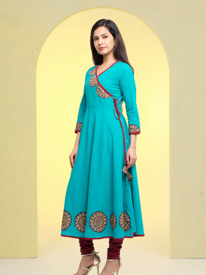 Yash Gallery Women's Cotton Slub Patch Work Angrakha Kurta