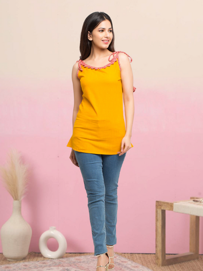 casual noodle straps printed women yellow top