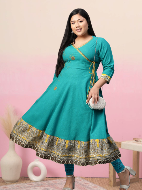 plus size cotton blend kalamkari print kaantha work anarkali kurta teal