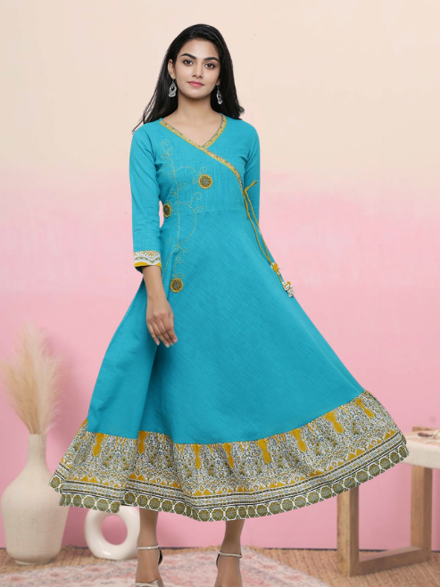 plus size cotton blend kalamkari print kaantha work anarkali kurta teal