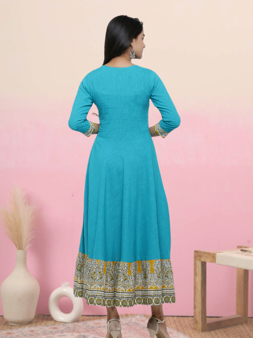 plus size cotton blend kalamkari print kaantha work anarkali kurta teal