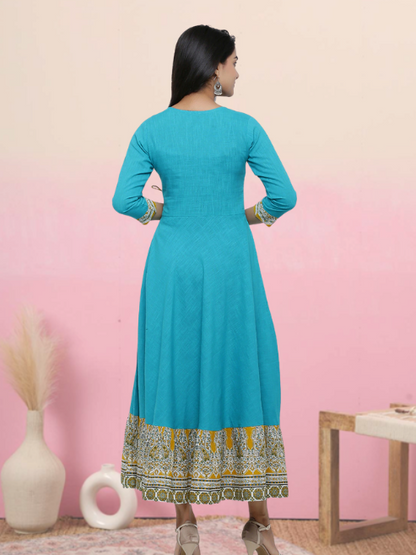 plus size cotton blend kalamkari print kaantha work anarkali kurta teal