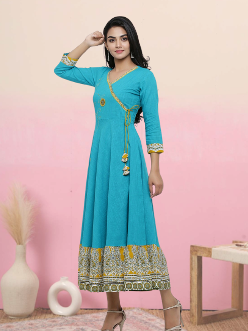 women patchwork anarkali kurta light blue