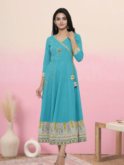 plus size cotton blend kalamkari print kaantha work anarkali kurta teal
