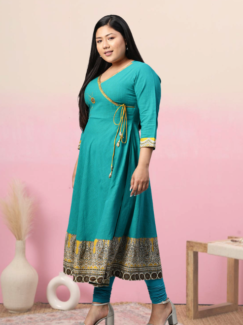 plus size cotton blend kalamkari print kaantha work anarkali kurta teal