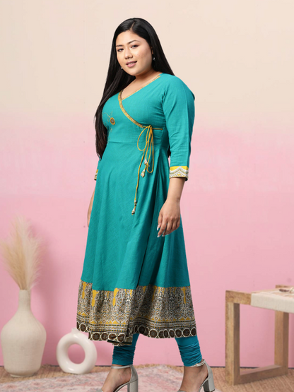 plus size cotton blend kalamkari print kaantha work anarkali kurta teal