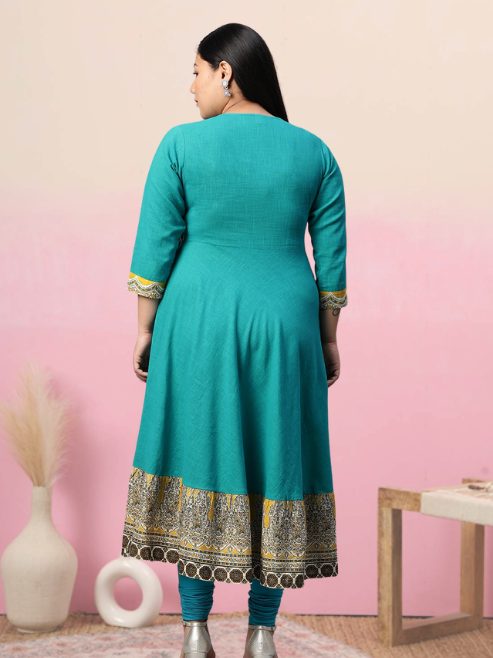 plus size cotton blend kalamkari print kaantha work anarkali kurta teal