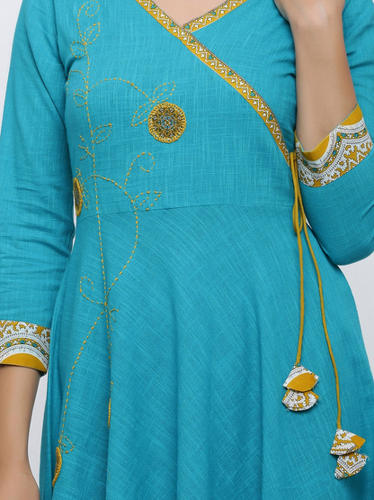 Cotton Blend Kalamkari Print Kaantha Work Anarkali Kurta (Teal)