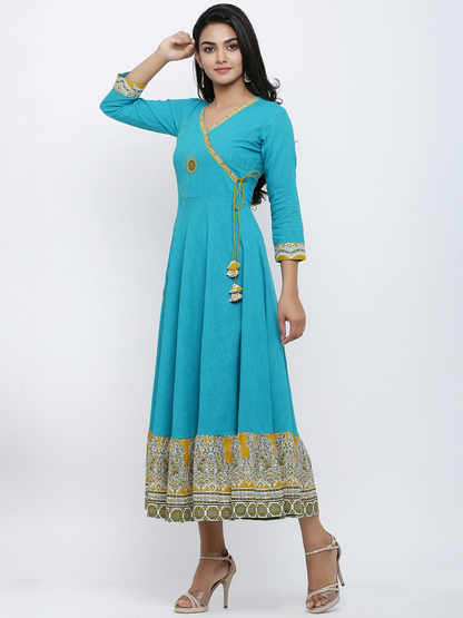 Cotton Blend Kalamkari Print Kaantha Work Anarkali Kurta (Teal)