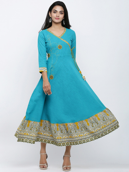 Cotton Blend Kalamkari Print Kaantha Work Anarkali Kurta (Teal)