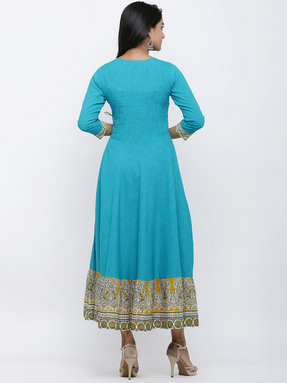 Cotton Blend Kalamkari Print Kaantha Work Anarkali Kurta (Teal)