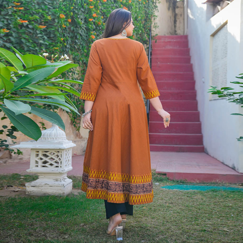 Yash Gallery Women's Cotton Slub Plus Size Angrakha Style Anarkali Kurti (Brown)