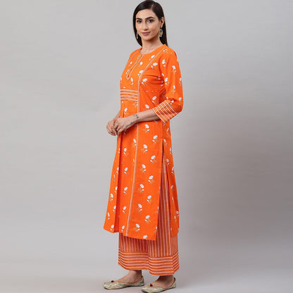 YASH GALLERY Women's Cotton Floral & Stripe Straight Kurta & Palazzo Set (Orange)