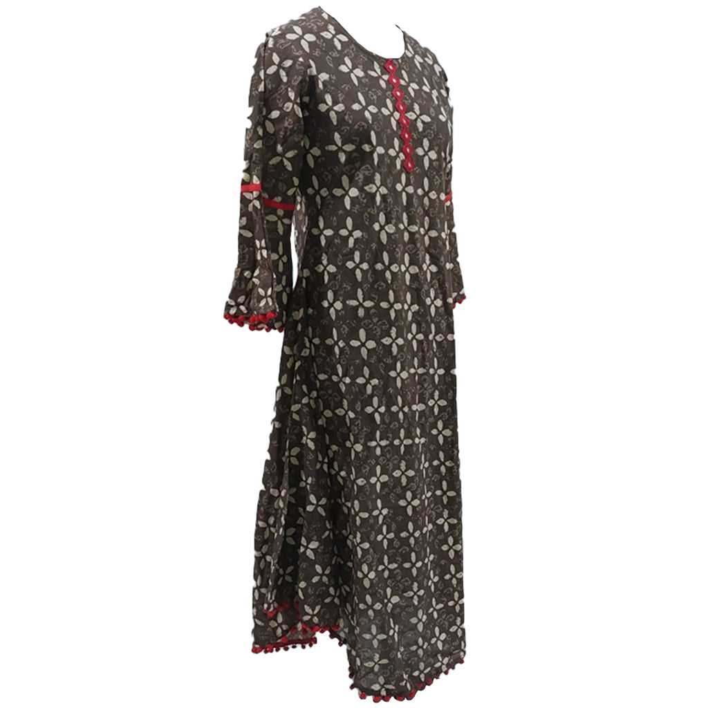 Yash Gallery Women's Cambric Cotton Printed Mirror Work A-Line Kurta (BROWN)