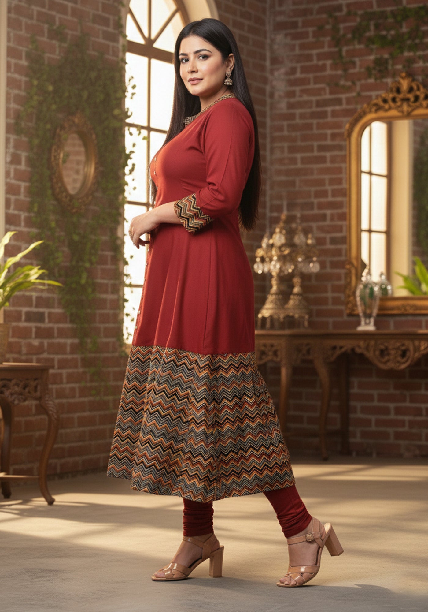 Rayon & Cotton Cambric Zig-Zag Printed A-line Kurta Plus Size