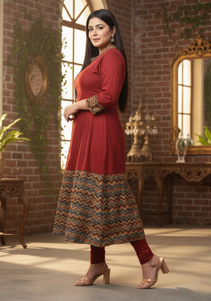 Rayon & Cotton Cambric Zig-Zag Printed A-line Kurta Plus Size
