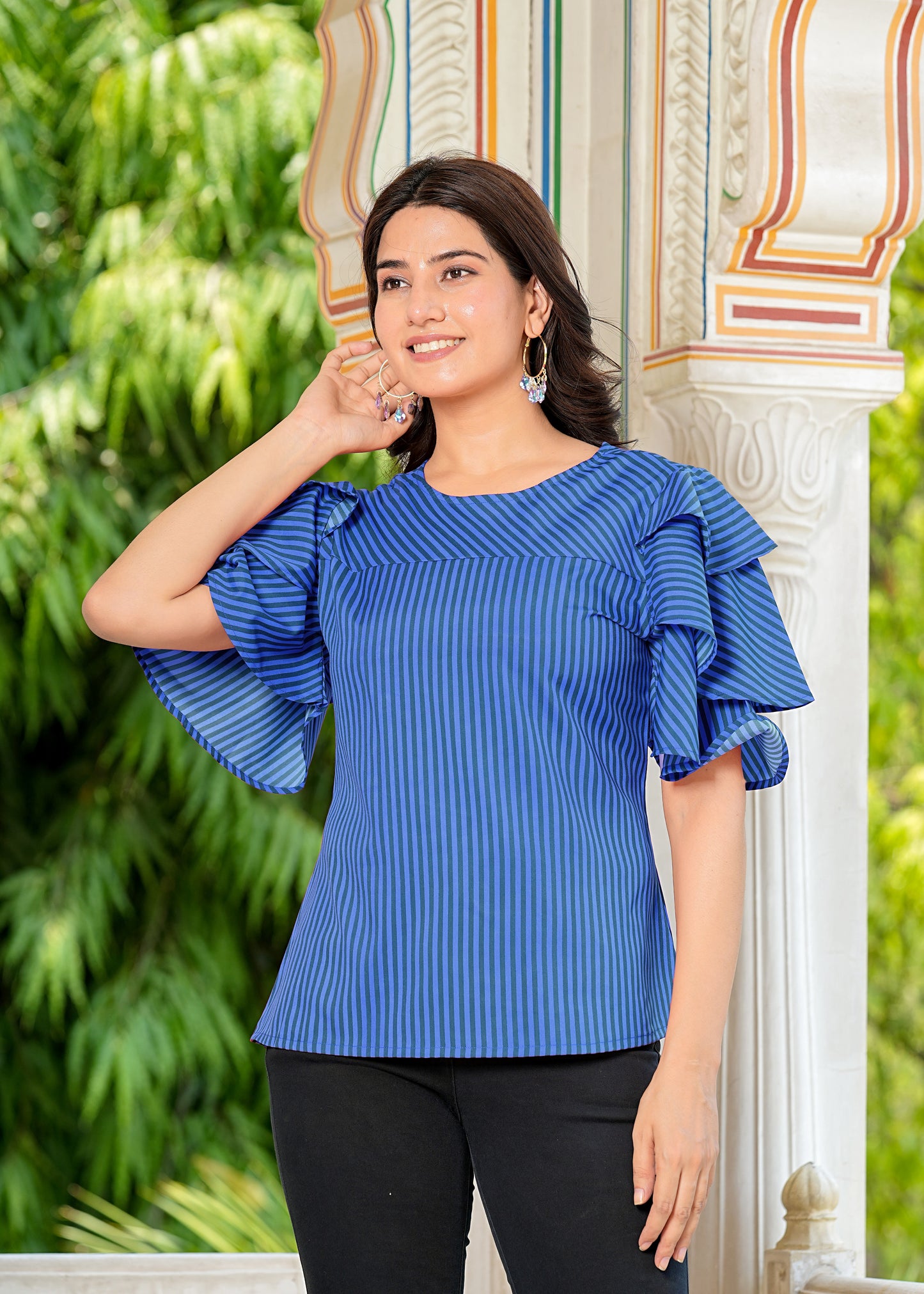 YASH GALLERY Women's Viscose Stripe Regular Top (Blue)