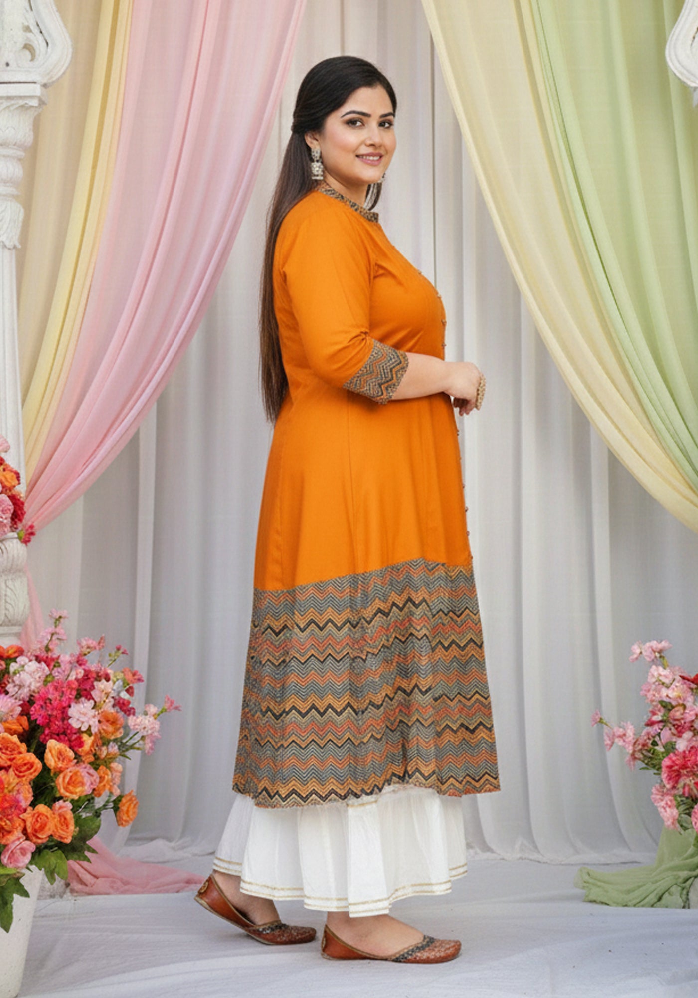 Rayon & Cotton Cambric Zig-Zag Printed A-line Kurta Plus Size