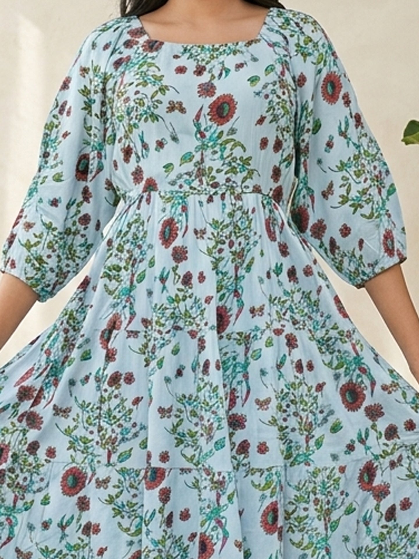 Yash Gallery Women's Rayon Floral Printed Square Neck 3/4th Sleeve Tiered Style Casual Maxi Dress