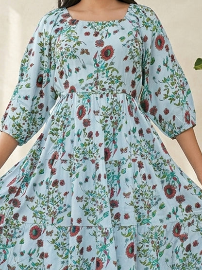 Yash Gallery Women's Rayon Floral Printed Square Neck 3/4th Sleeve Tiered Style Casual Maxi Dress