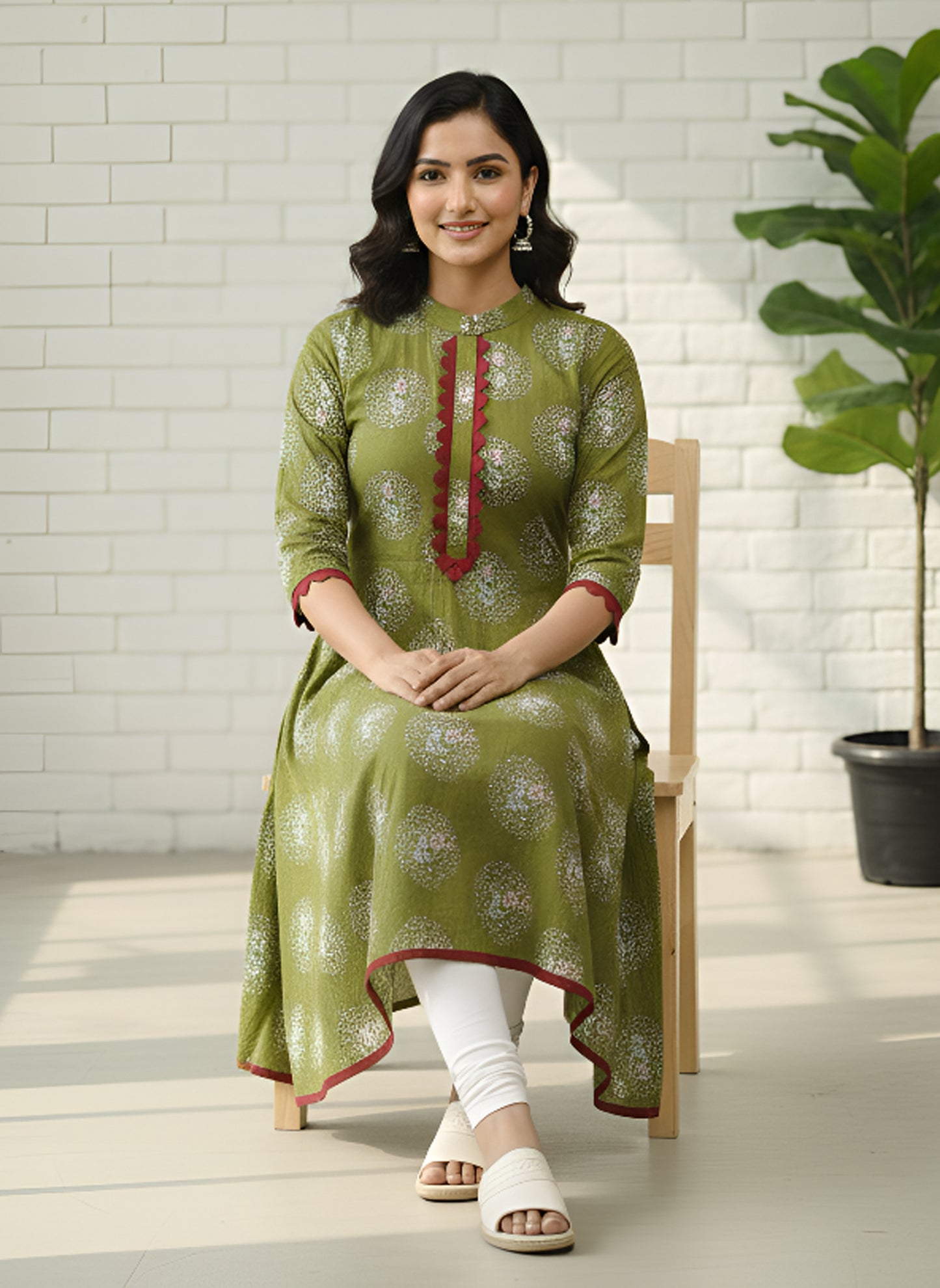 Yash Gallery Women's Cotton Relaxed Fit Anarkali Kurta (Green)