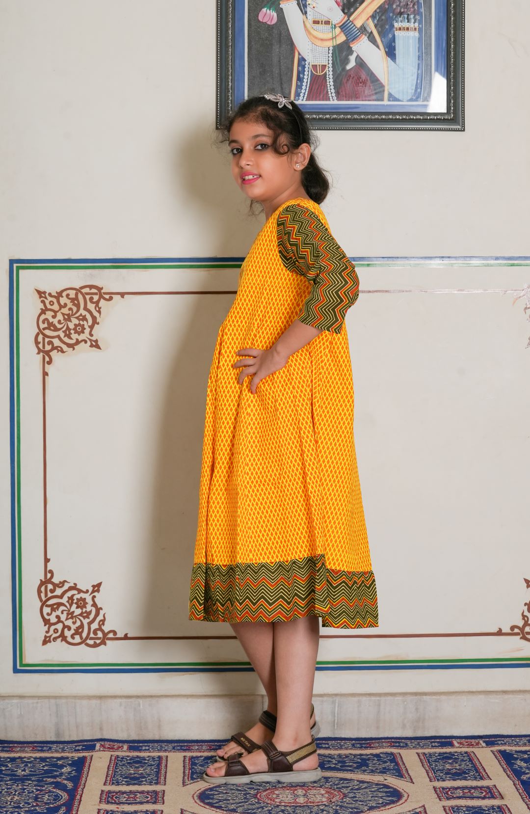 Yash Gallery Kids Cotton Geometric Print Anarkali Dress (Mustard)