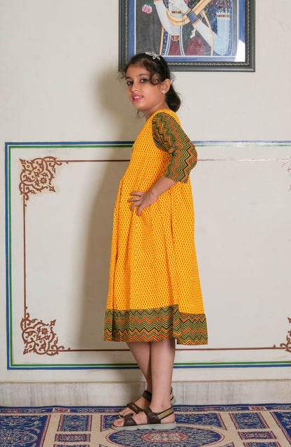 Yash Gallery Kids Cotton Geometric Print Anarkali Dress (Mustard)