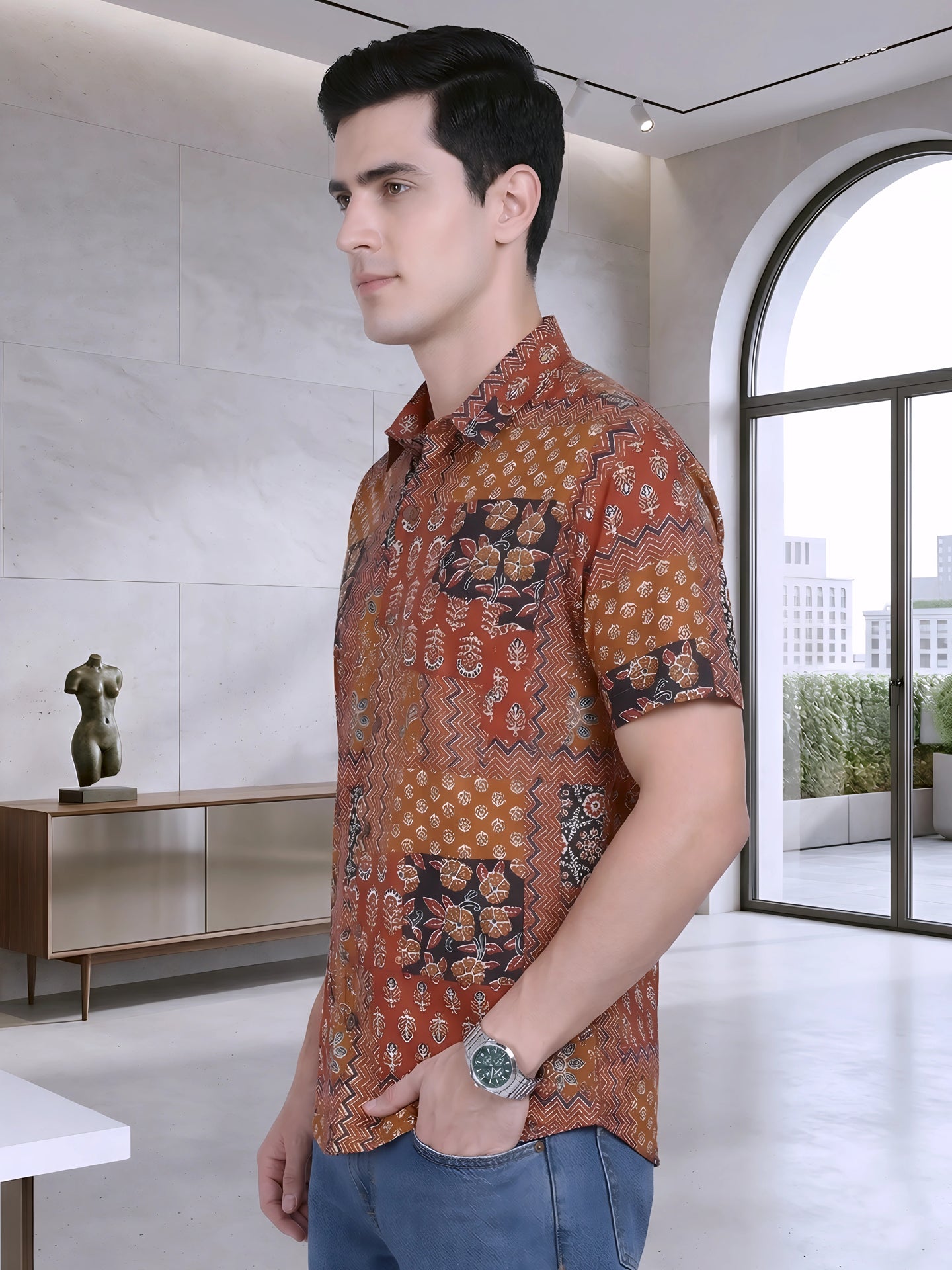 Yash Gallery Men's Cotton Cambric Handblock Print Regular Shirt (Mint)