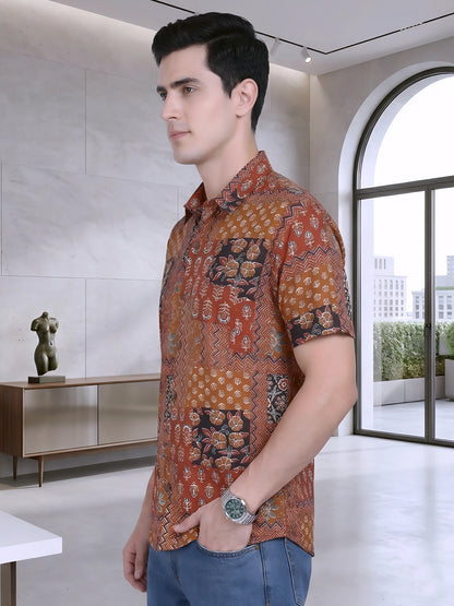 Yash Gallery Men's Cotton Cambric Handblock Print Regular Shirt (Mint)