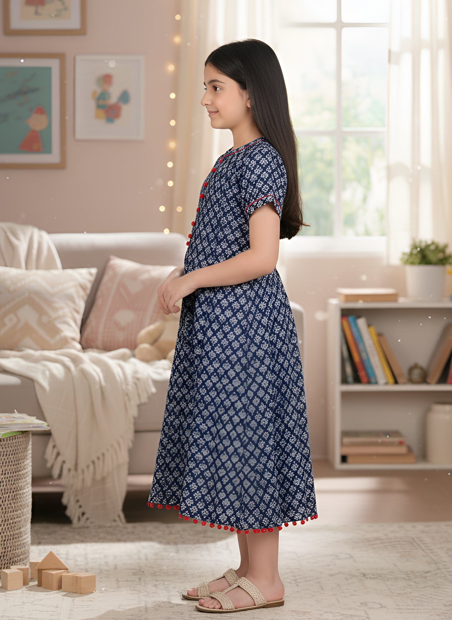 Yash Gallery Kids Cotton Floral Print Anarkali Dress (Blue)